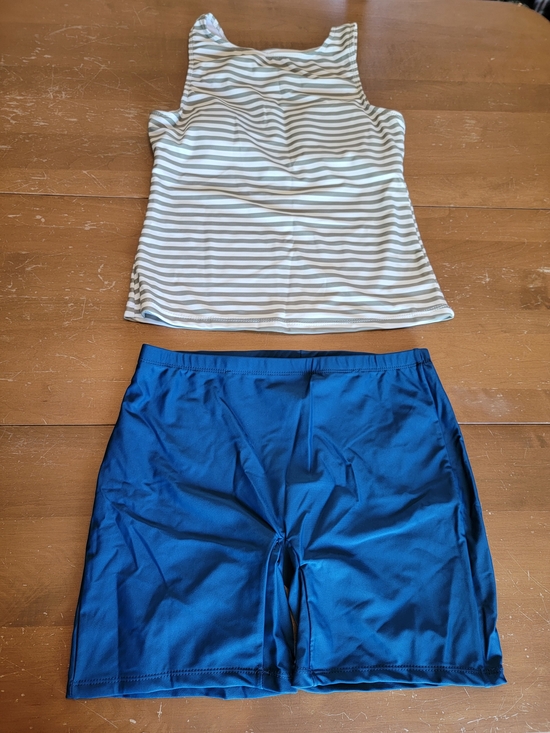 Seafancy Other - Striped Olive Green Tankini Top and Navy Swim Shorts Bikini Set Sz M NWT